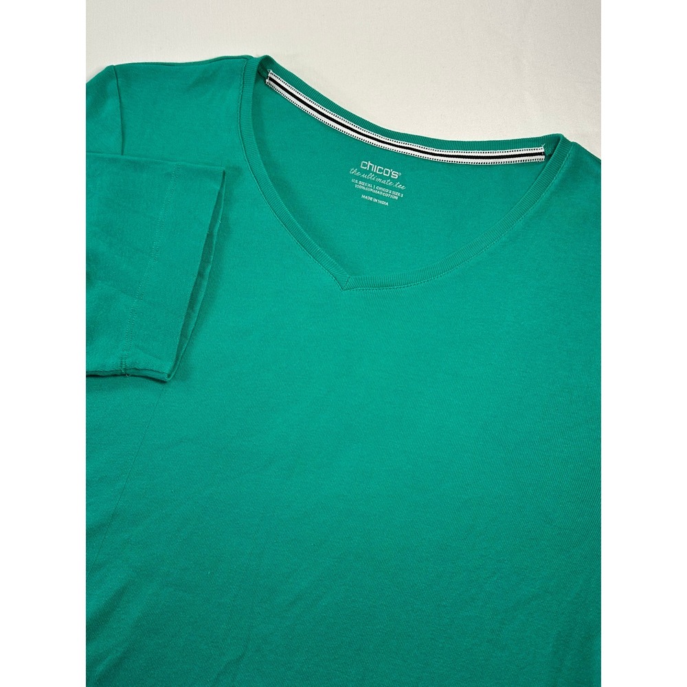 Chicos The Ultimate Tee Green Supima Cotton V-Neck Short Sleeve Shirt Size 3 XL